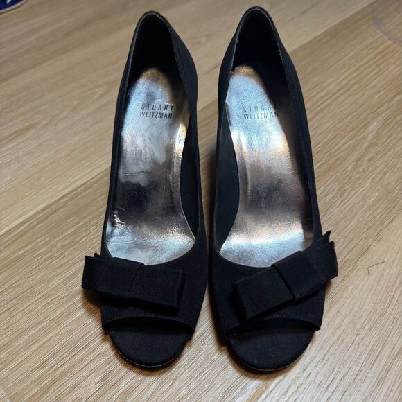 Stuart Weitzman Black Satin Bowover Bow Peep Toe Heel Sz. 6 M - Picture 2 of 12